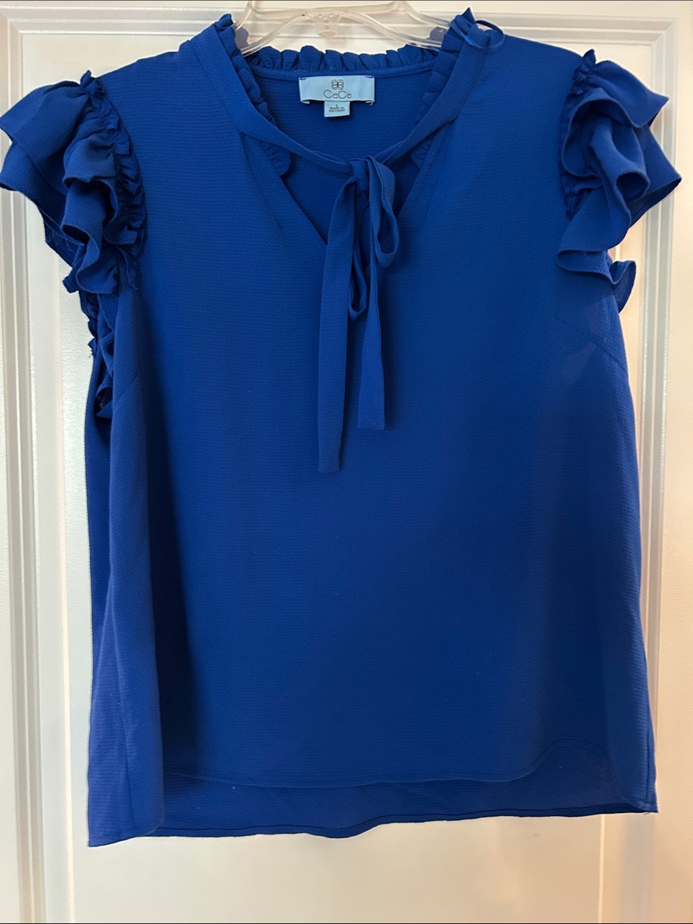 CeCe Cobalt Blue Ruffle Tie-Neck Blouse